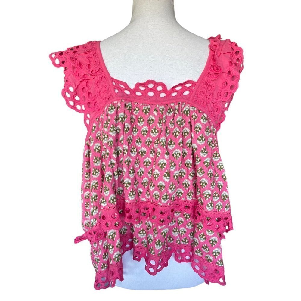 Anthropologie Letmebe Women's Top Shirt Blouse Size XL Hand Crafted Pink Rose Ne - Picture 3 of 13